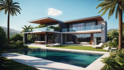 Obraz na płótnie Canvas 8K Realistic View of a Beautiful Modern Villa in Daylight