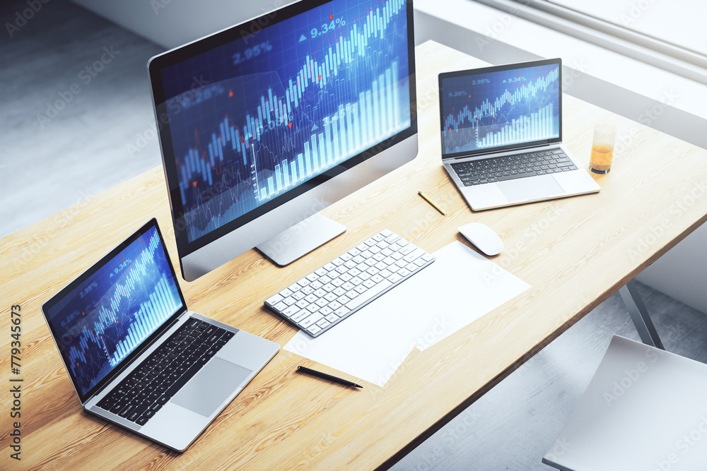Poster computer monitor with abstract financial graph, finance and trading concept. 3d rendering