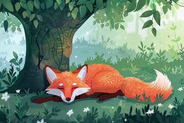 A fox napping in the shade of a tree, Summer theme, 2D illustration, isolate on soft color