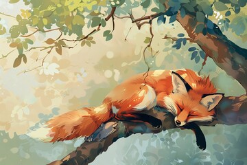A fox napping in the shade of a tree, Summer theme, 2D illustration, isolate on soft color