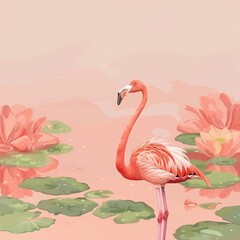 A flamingo standing in a summer pond, Summer theme, 2D illustration, isolate on soft color