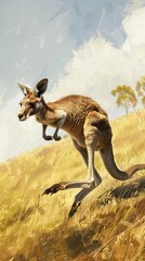 A kangaroo hopping across a sunny field, Summer theme, 2D illustration, isolate on soft color