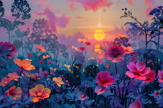 A garden where the flowers sing at dawn, petals vibrating with melodies , 2D illustration