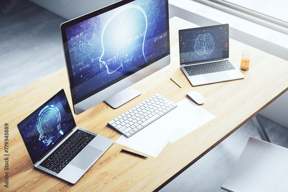 Fototapete creative artificial intelligence concept with human head sketch on modern computer monitor. 3d rende