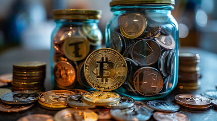 Bitcoins in a glass jar with coins. Cryptocurrency concept.