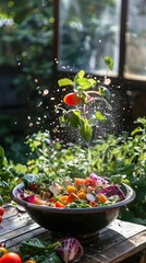 Candid  Genre Salad  Emotion Refreshing  Scene Summer salad being tossed, vibrant greens and fruits  Composition Asymmetrical  Lighting Natural sunlight  Time Lunch  Location Garden Table