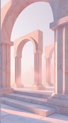 Capture the essence of ancient architecture in contemporary sculptures, focusing on clean lines and minimalist design in a 2D illustration , professional color grading