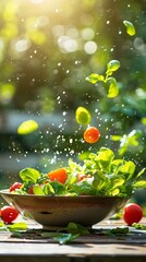 Obraz na płótnie Canvas Candid Genre Salad Emotion Refreshing Scene Summer salad being tossed, vibrant greens and fruits Composition Asymmetrical Lighting Natural sunlight Time Lunch Location Garden Table