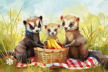 Ferrets Picnics, Summer theme, 2D illustration, isolate on soft color background