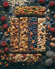 Fototapeta premium Flat Lay Genre Snacks Emotion Playful Scene Assorted homemade granola bars, nuts, seeds, and dried fruits Composition Symmetrical Lighting Natural light Time Snack Time Location Rustic Table