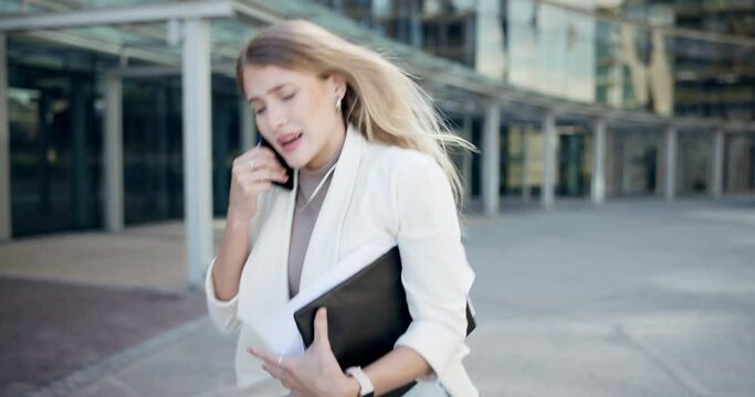 Businesswoman, late and city with phone call, watch and urban rush or new york office building. Lady, anxiety and time delay with documents, appointment and panic with schedule and stress for run