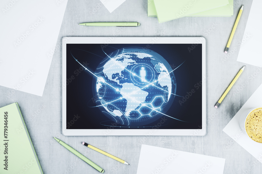 Poster social network concept with world map on modern digital tablet screen. top view. 3d rendering