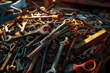 A pile of tools in warm light, Building and measuring tools, Generative AI