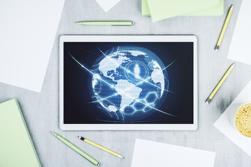 Social network concept with world map on modern digital tablet screen. Top view. 3D Rendering