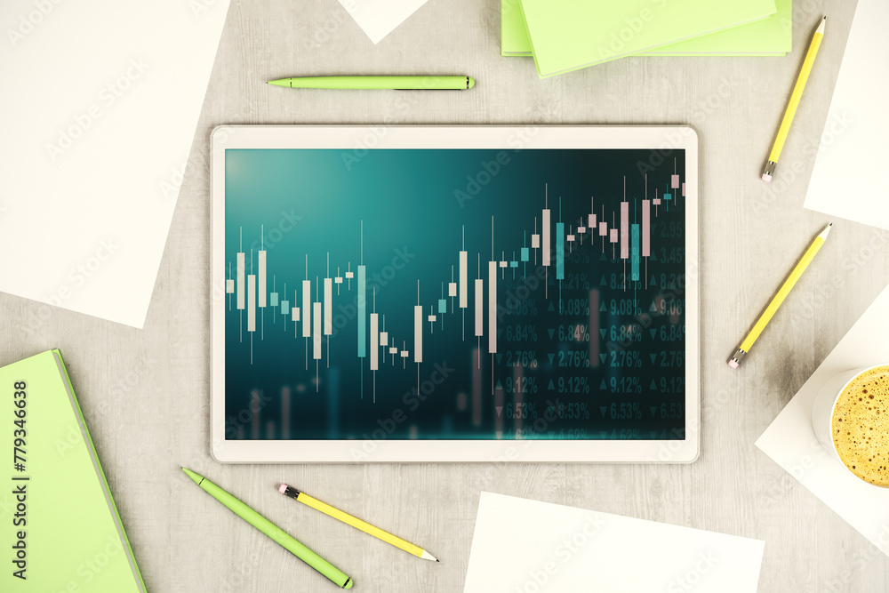 Poster modern digital tablet screen with abstract financial diagram, banking and accounting concept. top vi