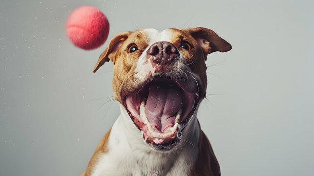 Pit bull dog with red ball on grey background 
