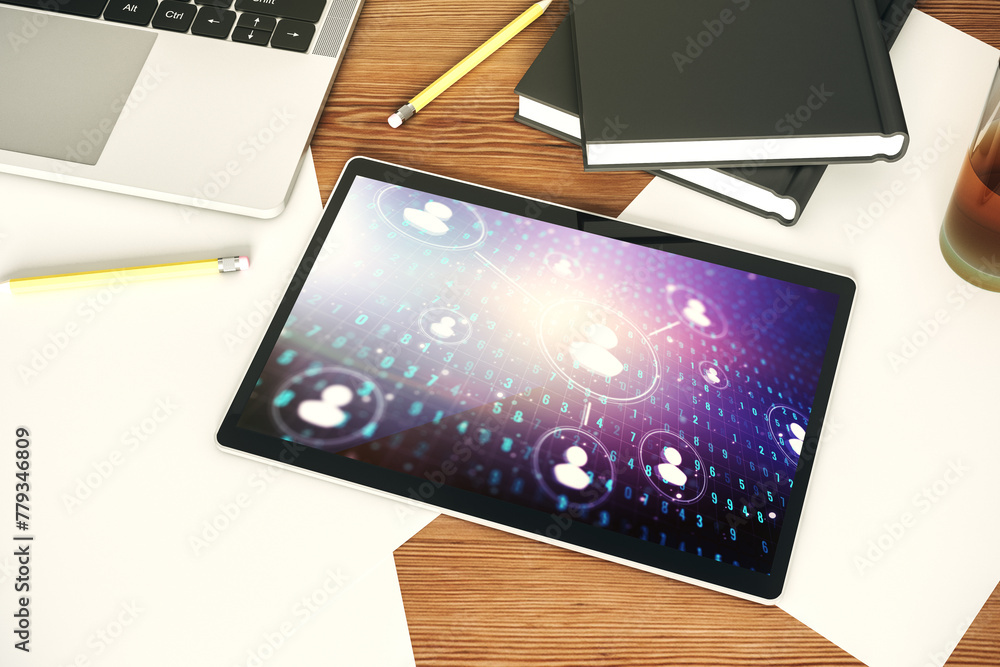 Poster modern digital tablet monitor with social network icons concept. marketing and promotion concept. to