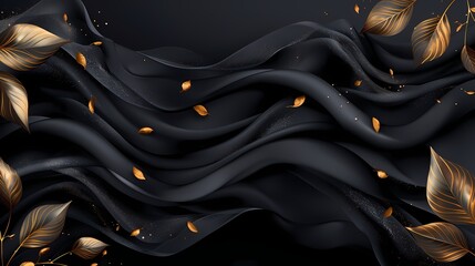 Abstract 3d wave silk textured solid black color with golden leaves background,  for home decor,...