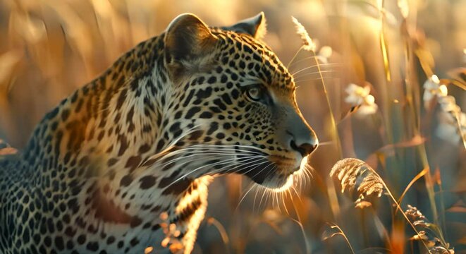 A leopard's spotted fur, savannah grasses softly out of focus,