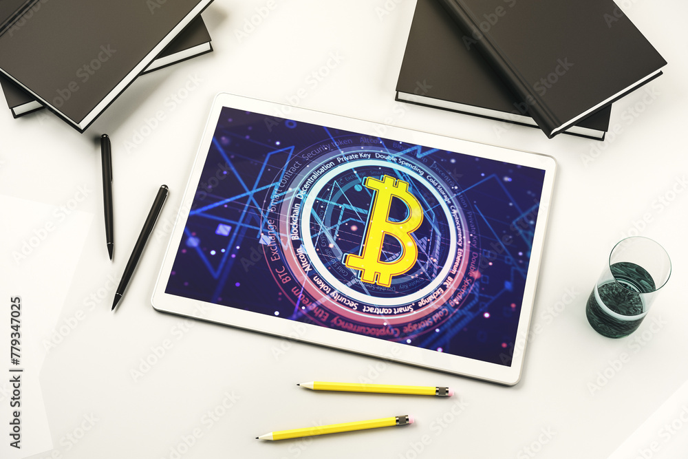 Poster Creative Bitcoin concept on modern digital tablet display. Top view. 3D Rendering