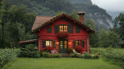 Gran casa rural roja en Suiza, caserón tradicional suizo en el campo, casa roja y hierba verde - obrazy, fototapety, plakaty