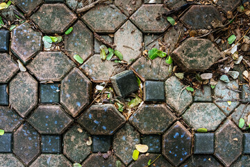 Pavement surface is damaged and dangerous. Broken brick blocks can pose danger to pedestrians. Old hexagonal brick blocks that collapse to create different level floor. Damaged and dirty brick blocks.