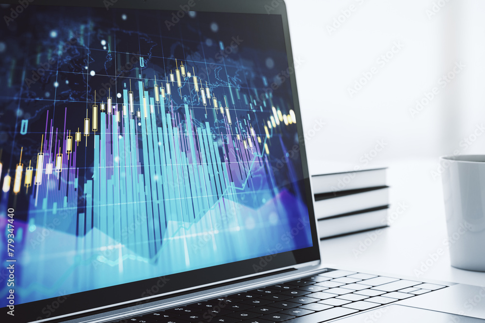 Poster modern computer screen with abstract financial diagram, banking and accounting concept. 3d rendering