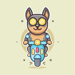 cool doberman dog animal character mascot riding scooter motorcycle isolated cartoon