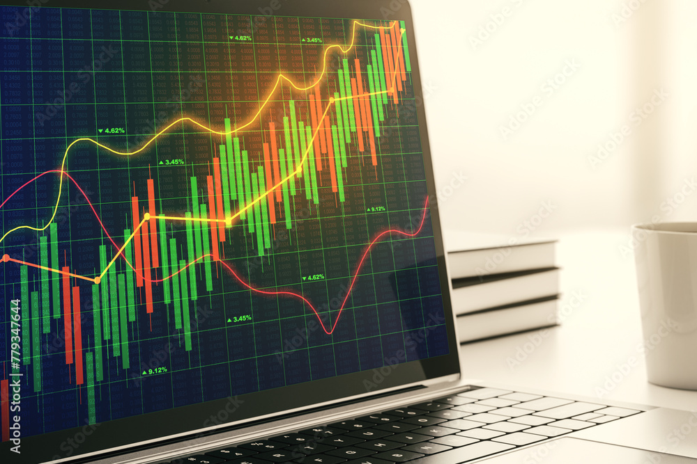 Poster modern computer display with abstract financial graph, financial and trading concept. 3d rendering