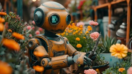 Robotic character admiring a marigold flower amidst a vibrant garden blooming with orange blossoms.