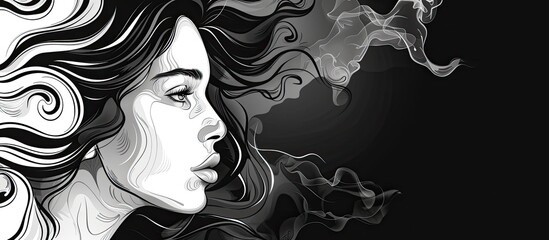 A monochrome drawing of a womans face with smoke rising from her black hair. Details include eyebrow, eye, jaw, and eyelash. The art exudes a sense of mystery and intensity