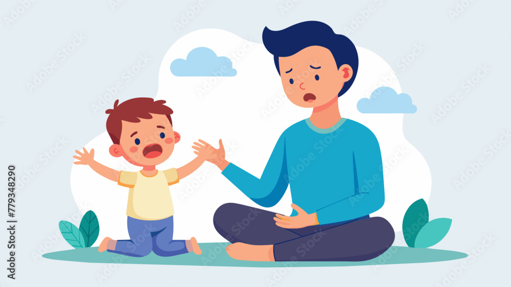 Poster a parent engaging in deep breathing exercises with their crying child teaching them how to selfregul