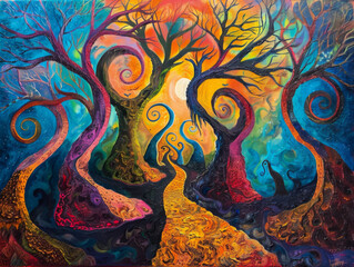 A surreal painting of trees with faces and colorful arches, representing the duality between light & dark in life's journey