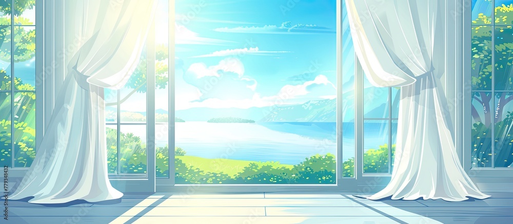Poster the suns rays are filtering through the curtains, painting the room with a warm glow as clouds float