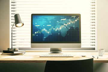 Computer monitor with abstract creative financial graph with world map, financial and trading concept. 3D Rendering