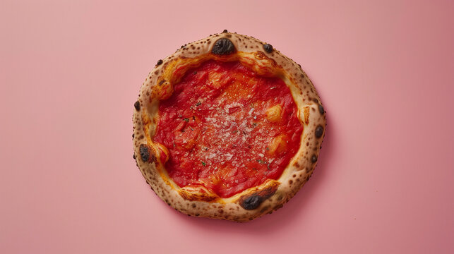 Classic Marinara pizza with garlic and oregano on thin crust, Lara Ferroni style, soft light, pastel backdrop, off-center dynamic composition.
