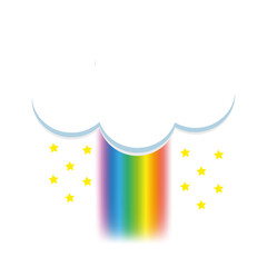 nube blanca con arcoiris y estrellas amarillas al rededor. Fondo transparente 