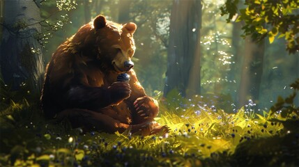 A bear sits in a sunlit forest eating a handful of blueberries.