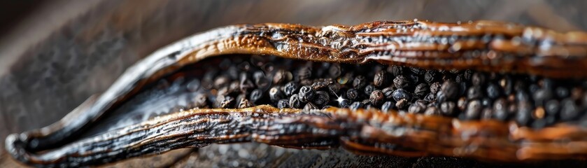 A close-up of a split vanilla bean pod - obrazy, fototapety, plakaty