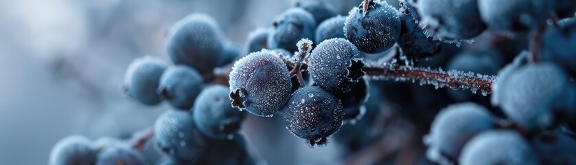 A close-up of blueberries with a light dusting of frost - obrazy, fototapety, plakaty