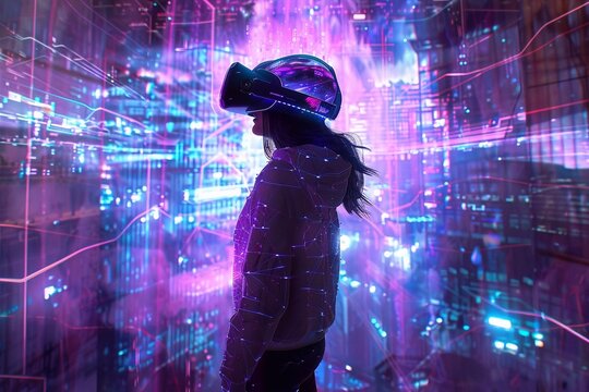 A purple image of a girl wearing a virtual reality helmet immersed in a virtual environment. Futuristic elements, abstract digital landscapes.