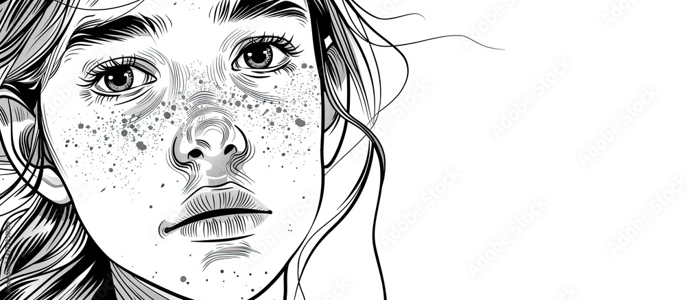 Poster Monochrome art of a womans face with freckles. Jawline, eyelashes, and a subtle smile create a happy gesture. No expression, but delicate wrinkles add character to the snout