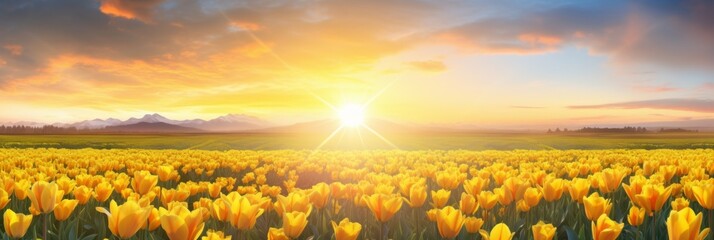 Field of tulips on sunset background - obrazy, fototapety, plakaty