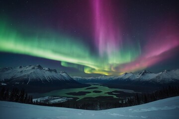 colorful northern lights in the mountains and lake