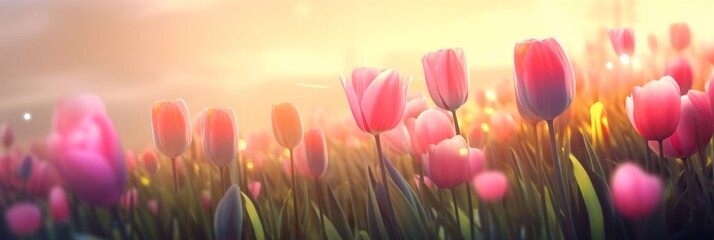 Field of tulips on sunset background - obrazy, fototapety, plakaty