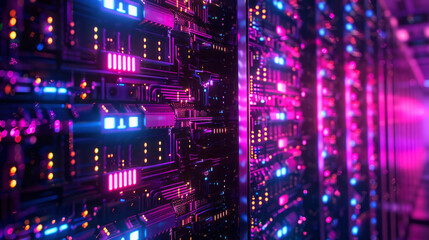 A high-tech data center glows with purple and blue lights, with rows of computer chips in the background, illustrating an advanced cyber space.