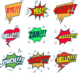 Set of comic style phrases isolated on white background. Pop art style phrases set. Wow! Oops! Whop!  Design element for poster, flyer. Vector design element. - 779350662