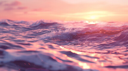 Waves on the sea in closeup, with a pink sunset in the background. - obrazy, fototapety, plakaty
