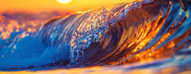 A closeup of a wave's edge reveals sunlight reflecting off its surface, creating a colorful and dynamic scene, with the background blurred to emphasize the wave.
