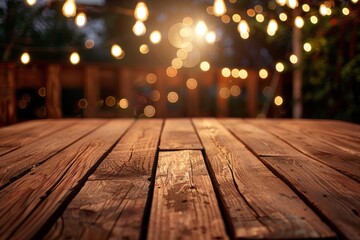 An empty wooden tabletop with a blurred background of string lights and a wood fence. - obrazy, fototapety, plakaty